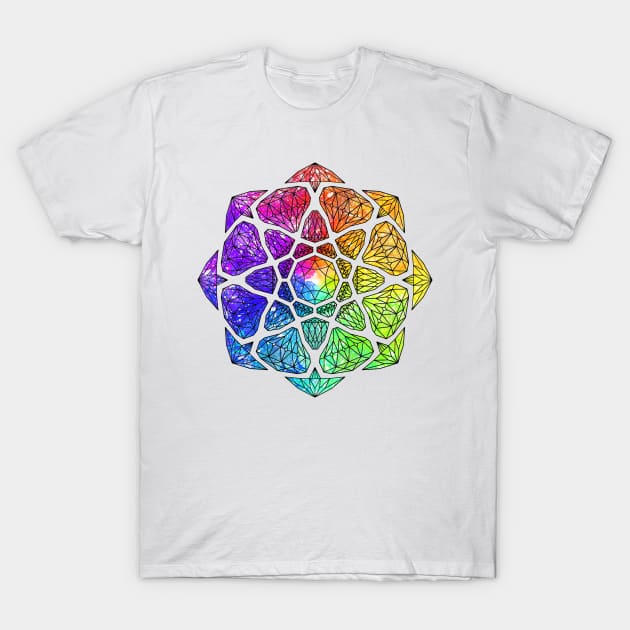 Rainbow Watercolor Crystal Mandala - Black Outline T-Shirt by CrystaLinaCrafts